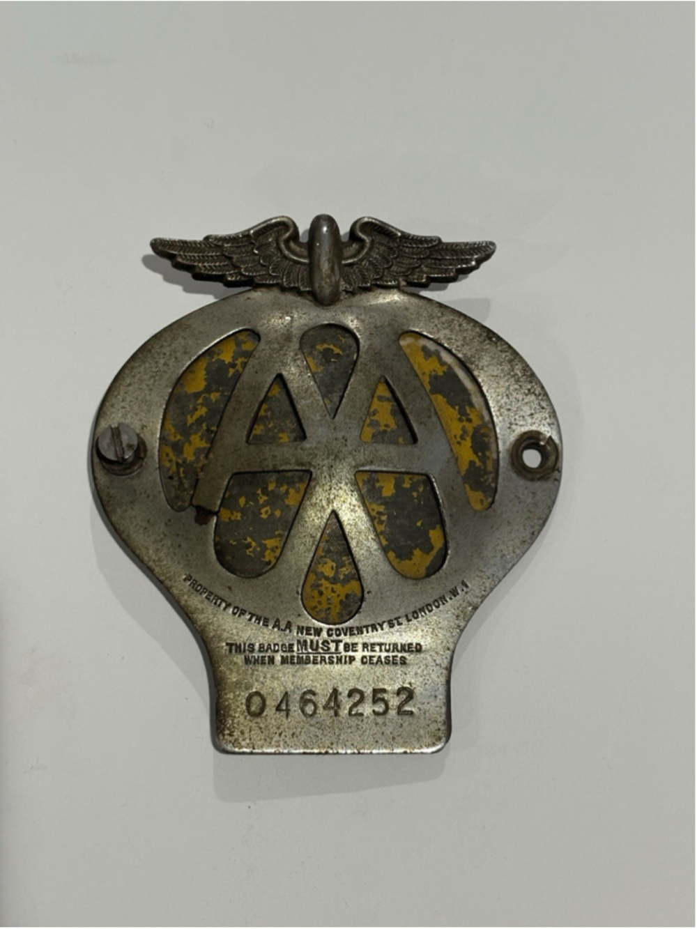 Vintage AA Car Badge Automobile Association New Coventry St London 0464252 UK